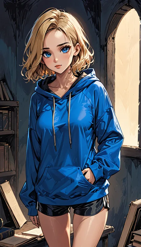 fullbody woman in Blue oversized hoodie and black Elastic shorts  and black hiking boots, , adult, [Nordic], Hourglass elongated...