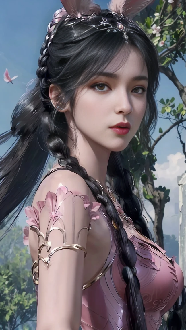 (1 girl:1.3), alone, __body parts__, official art, unified 8k wallpaper, Super detailed, Beautiful and beautiful, masterpiece, best quality, raw, Super detailed photos, best quality, ultra high resolution, photorealism photorealism, Sunlight, full body portrait, amazing beauty, delicate face, vibrant eyes, (from the front), Detailed face, Gorgeous, highly refined skin, Realistic skin details, Visible pores, sharp focus, Volumetric fog, 8K Ultra HD, SLR camera, high quality, film grain, White skin, photorealism, black hair, black hair, breast, open eyes, Slit sleeves, skinny, transparent, Pink, skirt, transparent panties, Pink, twisted braids, long braids, jewelry, gold accessories, Gorgeous accessories, complicated, delicate lips, long hair, medium breast, outdoor, close lips, petal, peach blossom, Rabbit ears, Pink Rabbit ears, permanent, dynamic poses, Upper body