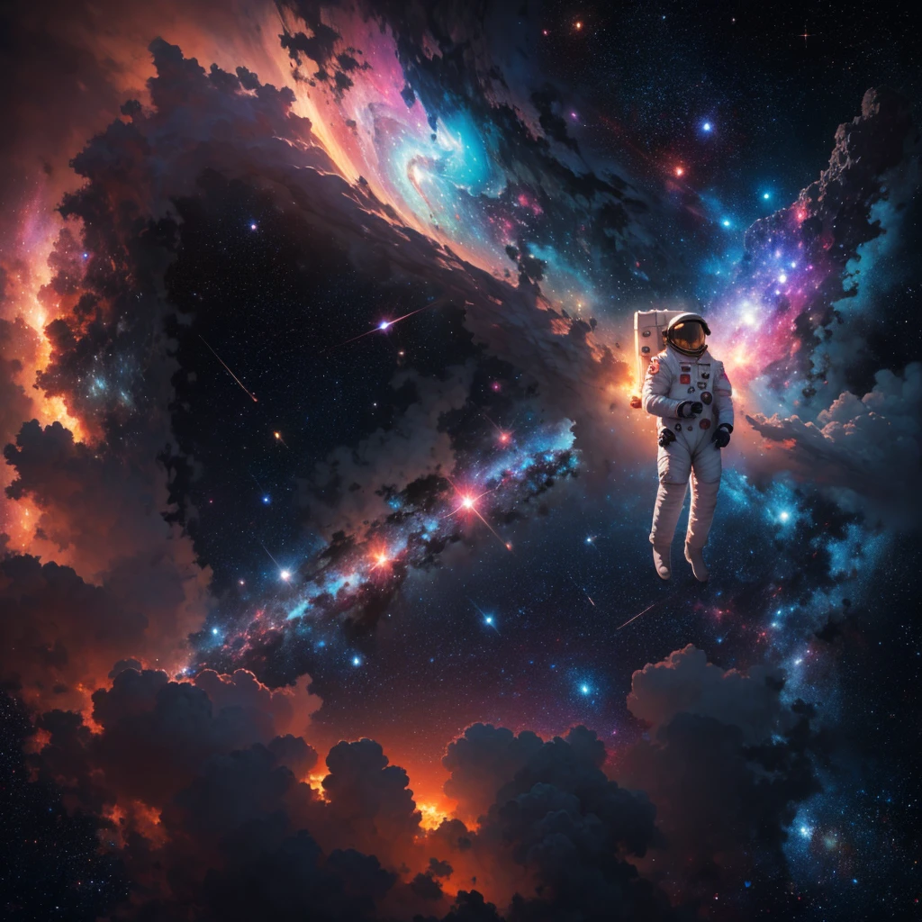 (Astronaut in a spacesuit floats in front of a nebula:1.3)、A stunning detailed illustration of the Orion Nebula、Surreal、8K、High resolution、masterpiece、Cinematic lighting、Dramatic atmosphere、Glowing celestial bodies、Bright colors、Deep Universe、Nebula Cloud、Space Landscape、Awe-inspiring、Fascinating、Photorealistic、Intricate details、Stunning beauty、Breathtaking、Ultra-detailed、She&#39;s wearing a sexy space suit and helmet