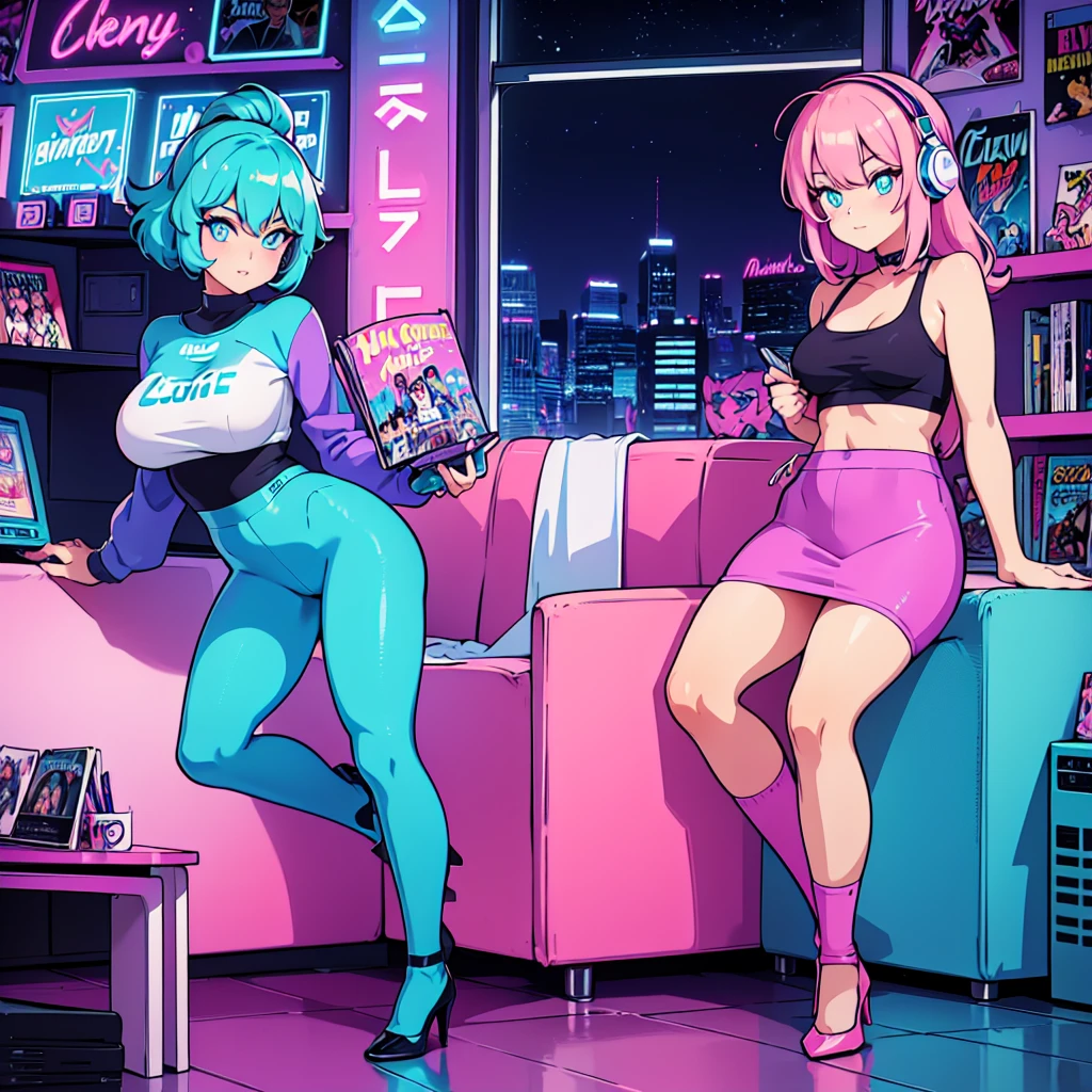 (masterpiece), Highest quality, Expressive eyes, Neon pastel aesthetics, Retro 90s, Neon color,((Girl sitting on sofa,In a cozy room,Records hanging on her wall, Comic books on the floor, Looking out the window behind her at the night city, Upholstered room, Anime figures lined up on a shelf)), Wearing headphones, (All around her it sparkles), (Wearing high socks and heels), (blue eyes), (Soft look), (Synthwave Art Style), Colorful Hair, Desk with PC set up