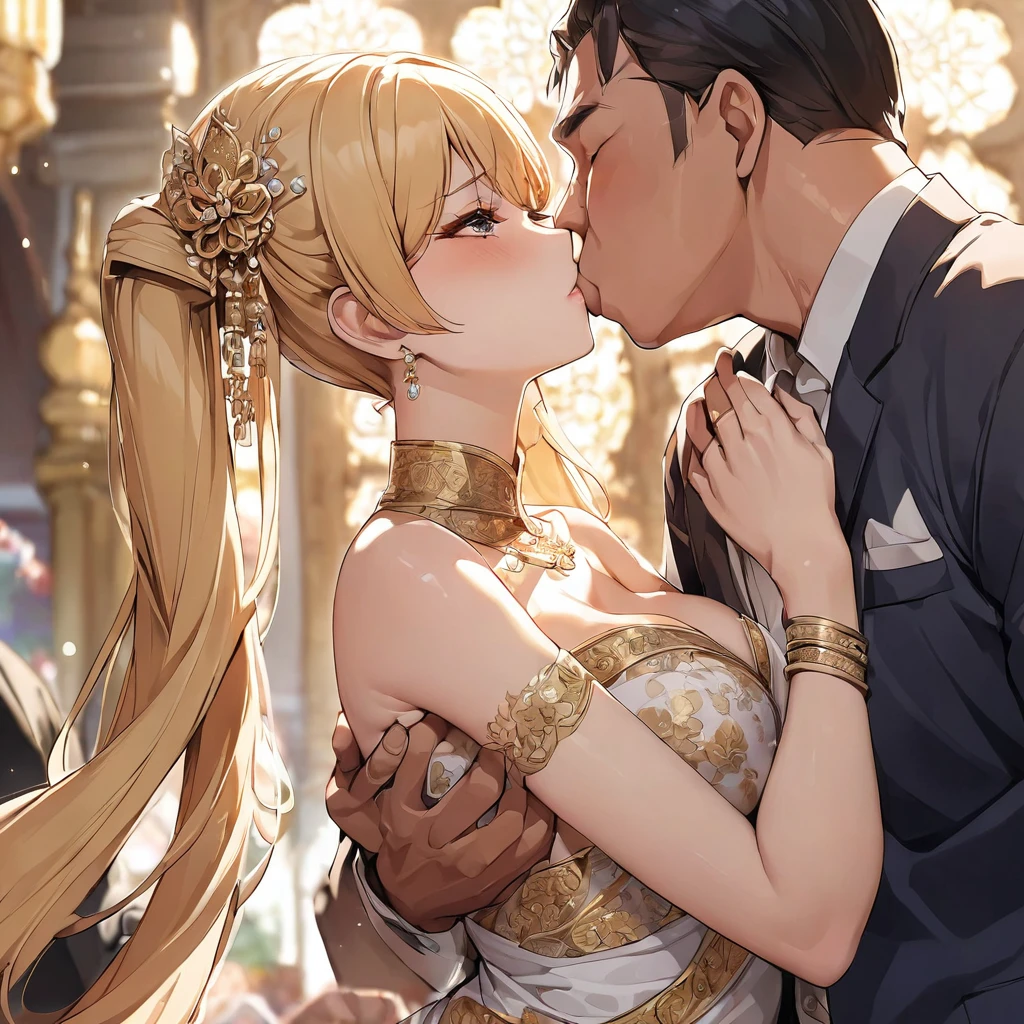 ((mais alta qualidade)), ((obra de arte)), (detalhado), （Rosto Perfeito）、A mulher é uma mulher tailandesa chamada Tsukino Usagi, vestindo um lindo, Brilhante, vestido tradicional tailandês com bordado dourado, lindos acessórios de jóias, e um anel de noivado, e é casado com uma pessoa digna, Forte, homem tailandês de meia idade, que é apaixonadamente acariciado por ela, abraçando-a e beijando-a em um voto profundo, e se casar em uma igreja tailandesa.、A mulher é a elegante Tsukino Usagi, com longos cabelos loiros presos em um coque duplo. The woman is a Thai girl vestindo um lindo Thai bridal dress.