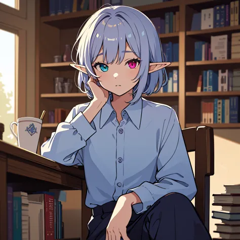 cool elf with blue and blue-purple heterochromia, silver straight hair, wearing a white collared shirt, wearing slacks, sitting ...