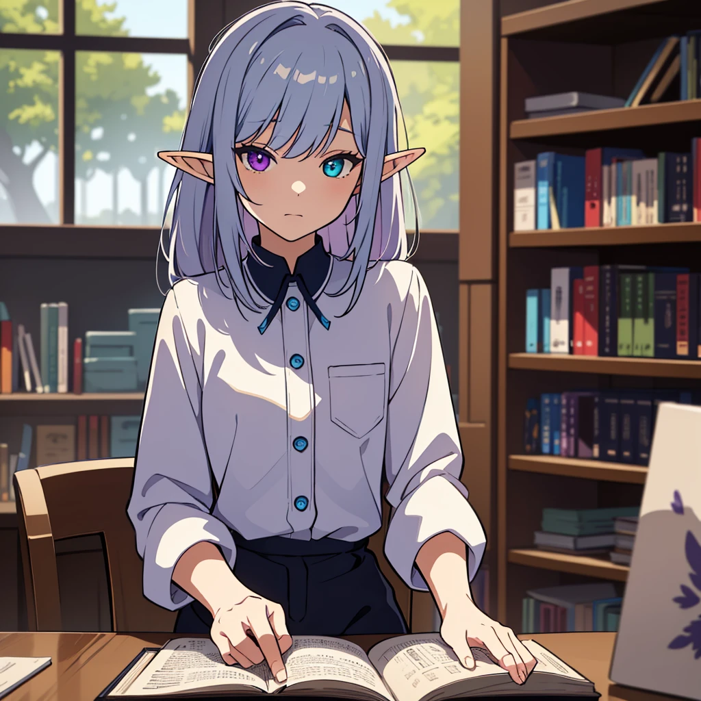 Cool elf with blue and blue-purple heterochromia, Silver straight hair, Wearing a white collared shirt, Wearing slacks, sitting at a desk surrounded by bookshelves,  Thinking about something, (Highest quality,8K,High resolution,masterpiece), Highly detailed facial expressions, Intricate details, Natural light, Warm colors, Soft Focus, Digital Painting, Fantasy art, 