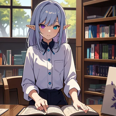 Cool elf with blue and blue-purple heterochromia, Silver straight hair, Wearing a white collared shirt, Wearing slacks, sitting ...