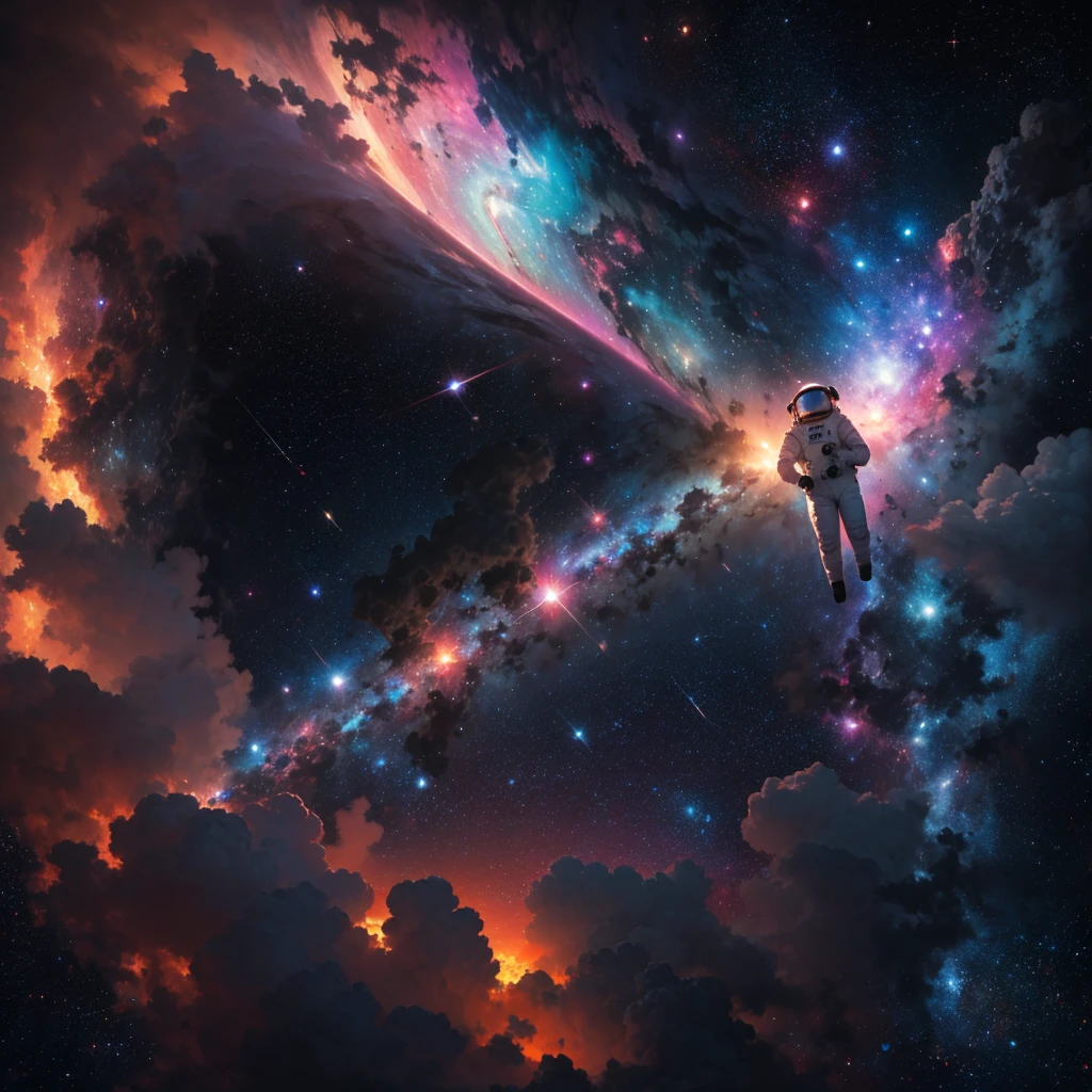 (Astronaut in a spacesuit floats in front of a nebula:1.25)、A stunning detailed illustration of the Orion Nebula、Surreal、8K、High resolution、masterpiece、Cinematic lighting、Dramatic atmosphere、Glowing celestial bodies、Bright colors、Deep Universe、Nebula Cloud、Space Landscape、Awe-inspiring、Fascinating、Photorealistic、Intricate details、Stunning beauty、Breathtaking、Ultra-detailed、She&#39;s wearing a sexy space suit and helmet