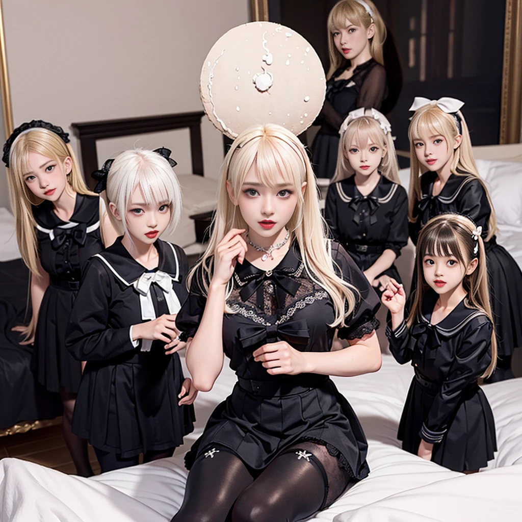 8K resolution, surreal, Super detailed, high quality, perfect anatomy, perfect proportion, masterpiece, 
((((((A group photo in bed room at midnight, luxurious bed, 4 girls, group photo)))))), 
(((((purple, satin, wearing black face mask, jirai fashion, sailor collar, sailor uniform, gothic dress, Lace, micro chiffon skirt, bow ribbon))))), 
((grin, happy, detailed face)), upper body, 
((((bleached hair)))), (((impossible breasts))),  
(((detailed oiled skin, detailed skin))), 
(((tight clothes, black see-through tights))), looking at viewer