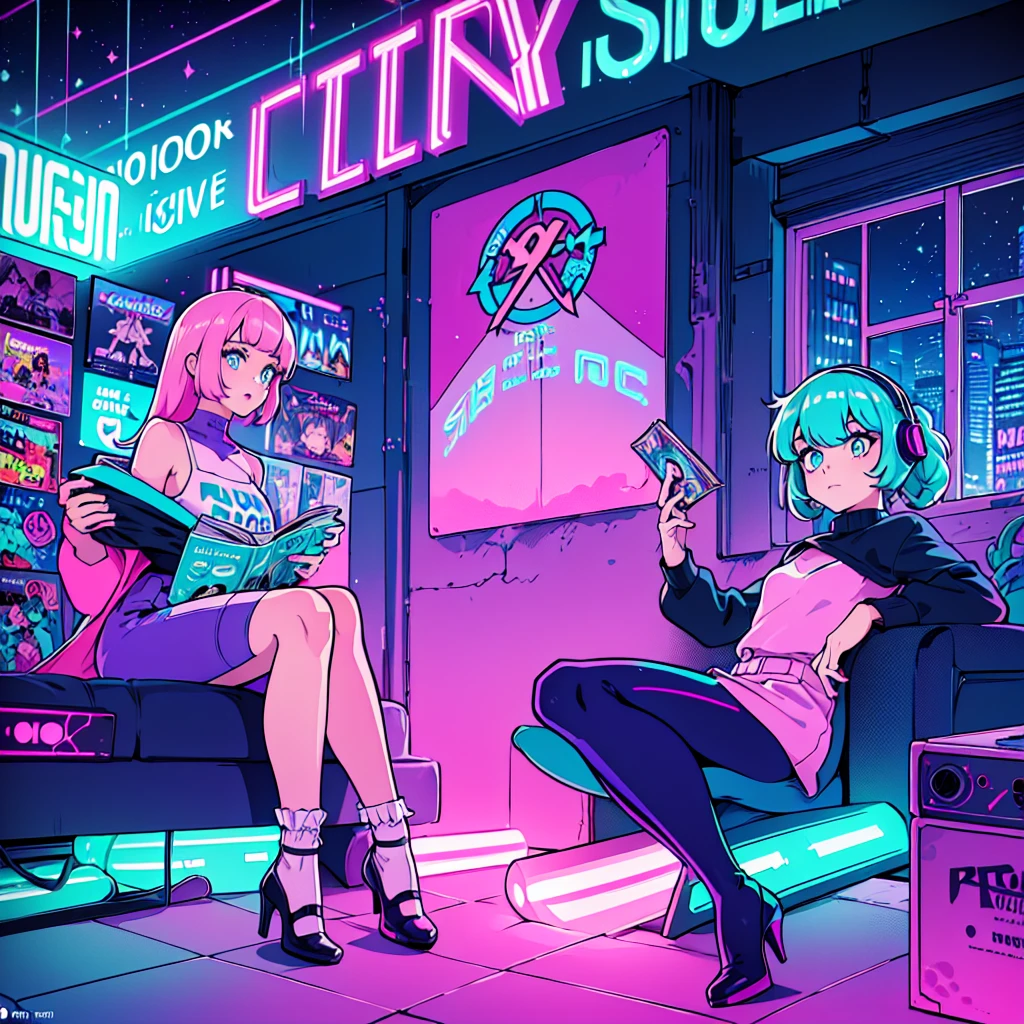 (masterpiece), Highest quality, Expressive eyes, Neon pastel aesthetics, Retro 90s, Neon color,((Girl sitting on sofa,In a cozy room,Records hanging on her wall, Comic books on the floor, Looking out the window behind her at the night city, Upholstered room, Anime figures lined up on a shelf)), Wearing headphones, (All around her it sparkles), (Wearing high socks and heels), (blue eyes), (Soft look), (Synthwave Art Style), Colorful Hair, Desk with PC set up