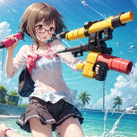 spraying water on each other with water guns、soaked、nfsw、innocent girl playing、glasses、summer wear