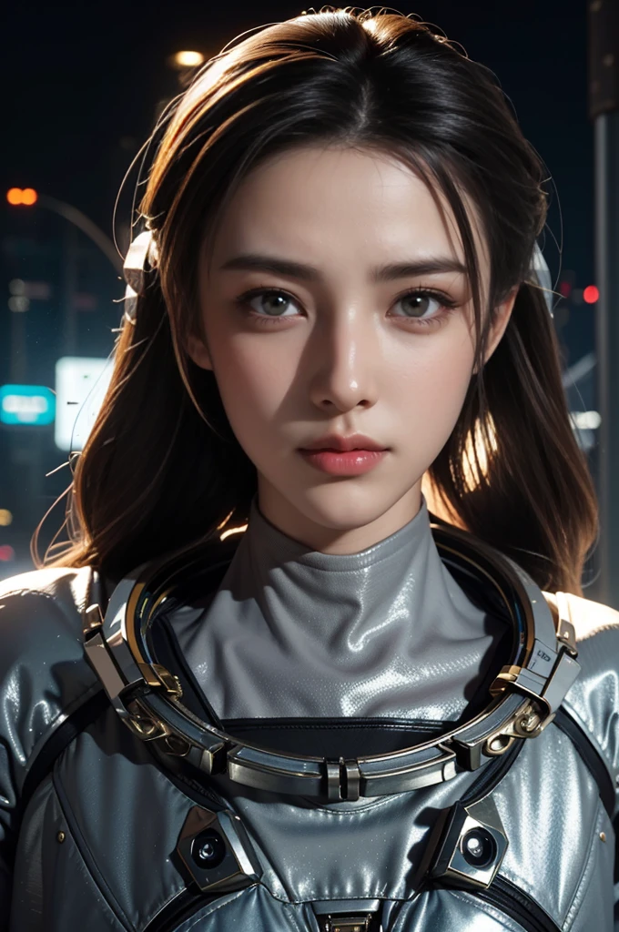 Masterpiece，The best qualities，Very high resolution，8K，((Portrait))，((Head close-up))，Original photo，real photo，Digital Photography， (Cyberpunk-style female cops of the future world)，(Fighting girl)，22-year-old girl，(A hairstyle of random color)，An eye rich in detail，((Lachrymal nevus))，lip gloss，(Elegant and charming，Indifferent and noble)，(Future combat clothing full of mechanical style，A garment that combines the characteristics of a police uniform，A fancy badge，An intricate pattern of clothing，Glittering jewels，Joint Armor，Metallic luster)，Cyberpunk Characters，Future Style， Photo poses，Street background，Movie lights，Ray tracing，Game CG，((3D Unreal Engine))，oc rendering reflection texture, (astronaut:1.5)