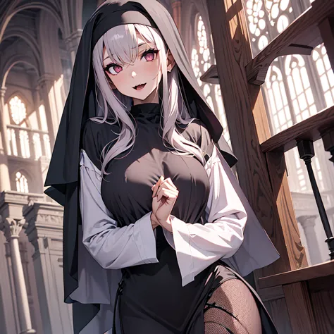 Female, ((dark mauve long hair)), traditional nun habit, slim, vampire, fishnet stockings, light red eyes, religion, fangs