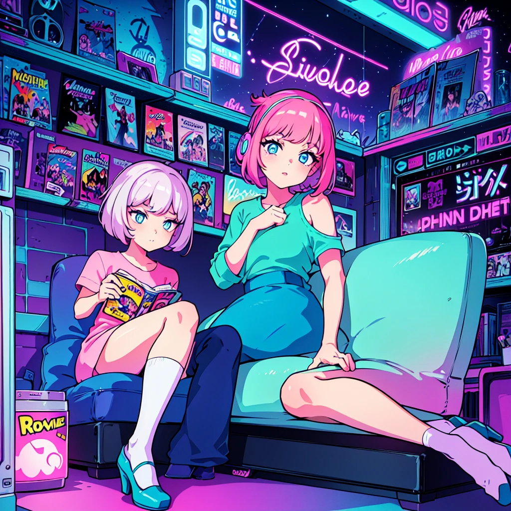 (masterpiece), Highest quality, Expressive eyes, Neon pastel aesthetics, Retro 90s, Neon color,((Girl sitting on sofa,In a cozy room,Records hanging on her wall, Comic books on the floor, Looking out the window behind her at the night city, Upholstered room, Anime figures lined up on a shelf)), Wearing headphones, (All around her it sparkles), (Wearing high socks and heels), (blue eyes), (Soft look), (Synthwave Art Style), Colorful Hair, Desk with PC set up