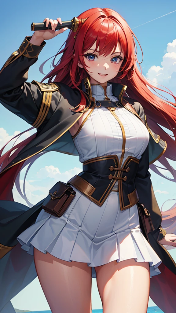 Wicked Smile, (masterpiece, 4K ,Super detailed:1.2), (アニメ:1), Whole body side view, jRPG characters, jRPG characters art, RPG Characters, View Viewer, Red hair, ((Female Swordsman), (Mediovale), whole body, (Perfect quality), Pure white background, Lots of white space, Dark skin, whole bodyが写っている, mini skirt