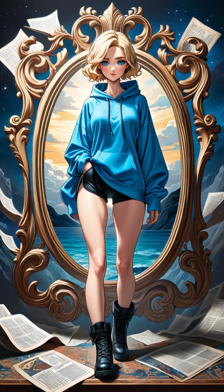 fullbody woman in Blue oversized hoodie and black Elastic shorts  and black hiking boots, , adult, [Nordic], Hourglass elongated fitness body, perfect Olive skin, Oval Face, Long neck, Rounded shoulders, perfect hand,  round forehead, Short blonde Waves pixie hair, snub nose, Arched eyebrows, Monolid blue Eyes, High Round Narrow cheekbones, Dimpled Cheeks, Rounded Chin, Rounded Jawline, Fine Puppet Wrinkles, Full nude Lips, (blue eyes), Nude Makeup Look, long eyelashes, Hourglass-shaped hips, Slim thighs, long slim fitness legs, third breast size, ((dark novel style)),comic book style, (graphic style of novel comics), (2d),
8k, hyperrealism, masterpiece, high resolution, best quality, ultra-detailed, super realistic, Hyperrealistic art, high-quality, ultra high res, highest detailed, lot of details, Extremely high-resolution details, incredibly lifelike, colourful, soft cinematic light,