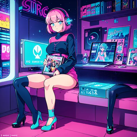 (masterpiece), Highest quality, Expressive eyes, Neon pastel aesthetics, Retro 90s, Neon color,((Girl sitting on sofa,In a cozy ...