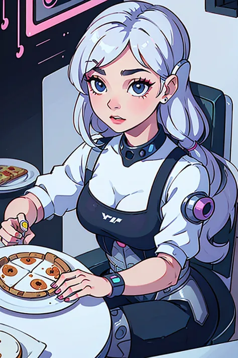 araffe dressed in a silver corset, sitting at the table with a plate of pizza, cyberpunk art inspired by hedi xandt, tumblr, ret...