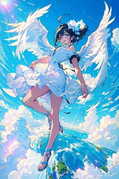 1girl,cute,she has wing, landing_wings,floating sky,brilliant sky