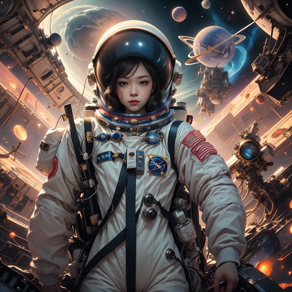 (An astronaut in a spacesuit floats in the center of the screen in front of a nebula:1.４)、A stunning detailed illustration of the Orion Nebula、Surreal、8K、High resolution、masterpiece、Cinematic lighting、Dramatic atmosphere、Glowing celestial bodies、Bright colors、Deep Universe、Nebula Cloud、Space Landscape、Awe-inspiring、Fascinating、Photorealistic、Intricate details、Stunning beauty、Breathtaking、Ultra-detailed、wearing sexy astrosuit with helmet