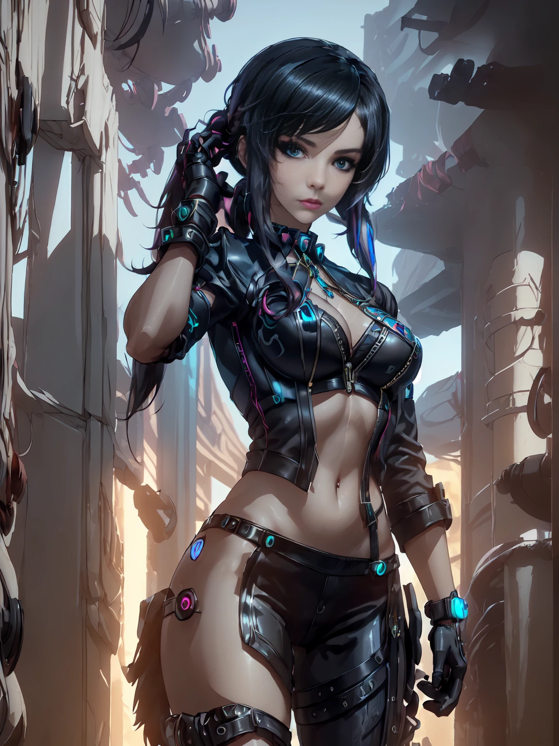 (masterpiece, best quality, aesthetic:1.4), 1girl, Cyberpunk, futuristic, Yelan, BREAK, symmetrical face, highly detailed face, black hair, long hair, ponytail, holographic interface, BREAK, crimson eyes, highly detailed eyes, BREAK, large breasts, leather jacket, black leather outfit, BREAK, knee boots, black yoga pants, black gloves, tactical gear, BREAK, adjusting hair, arms up, serious expression, standing, BREAK, female focus, cowboy shot, neon aesthetic, futuristic cityscape, sci-fi