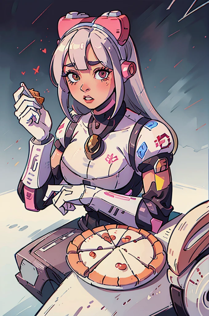 Araffe dressed in a silver corset, sitting at the table with a plate of pizza, cyberpunk art inspired by Hedi Xandt, tumblr, retrofuturism, beautiful cyborg girl pinup, barbie cyborg, cyborg girl, cute cyborg girl, beautiful white cyborg girl, linda cyborg girl, retrofuturistic female android, perfect android girl, beautiful cyborg girl, cyborg - girl