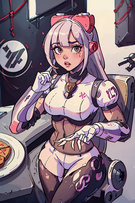 Araffe dressed in a silver corset, sitting at the table with a plate of pizza, cyberpunk art inspired by Hedi Xandt, tumblr, ret...