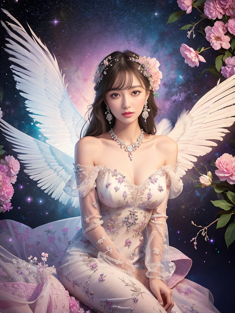 4K Ultra HD, masterpiece,Elegant and dynamic portrait，Stunningly beautiful girl, Big Breasts, Long Hair, girl, Nice face, Fine grain, Detailed lips, Flower fairy girl, Big Wings, Transparent feathers, Neon Light, Galaxy Background,Floral Dress, Magenta Dress, In heaven, Sitting on a unicorn, Beautiful and clear eyes, Delicate necklace, Delicate earrings (Hair decorated with delicate flower arrangements, crystal jewelry string), (View your viewers)