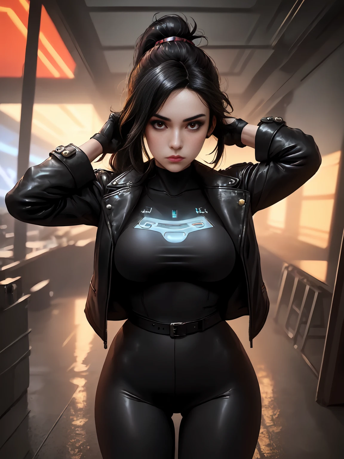 (masterpiece, best quality, aesthetic:1.4), 1girl, Cyberpunk, futuristic, Yelan, BREAK, symmetrical face, highly detailed face, black hair, long hair, ponytail, holographic interface, BREAK, crimson eyes, highly detailed eyes, BREAK, large breasts, leather jacket, black leather outfit, BREAK, knee boots, black yoga pants, black gloves, tactical gear, BREAK, adjusting hair, arms up, serious expression, standing, BREAK, female focus, cowboy shot, neon aesthetic, futuristic cityscape, sci-fi