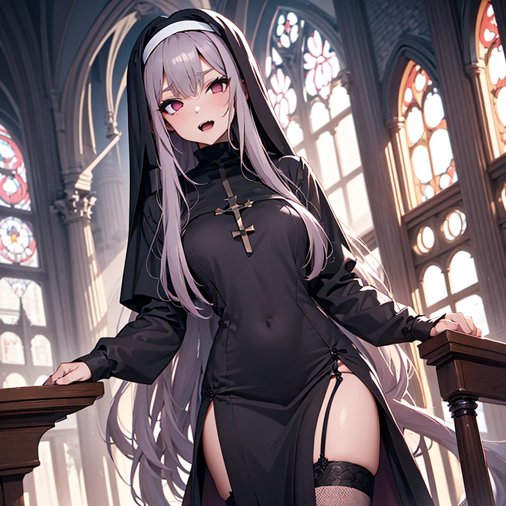 Female, ((dark mauve long hair)), traditional nun habit, slim, vampire, fishnet stockings, light red eyes, religion, fangs