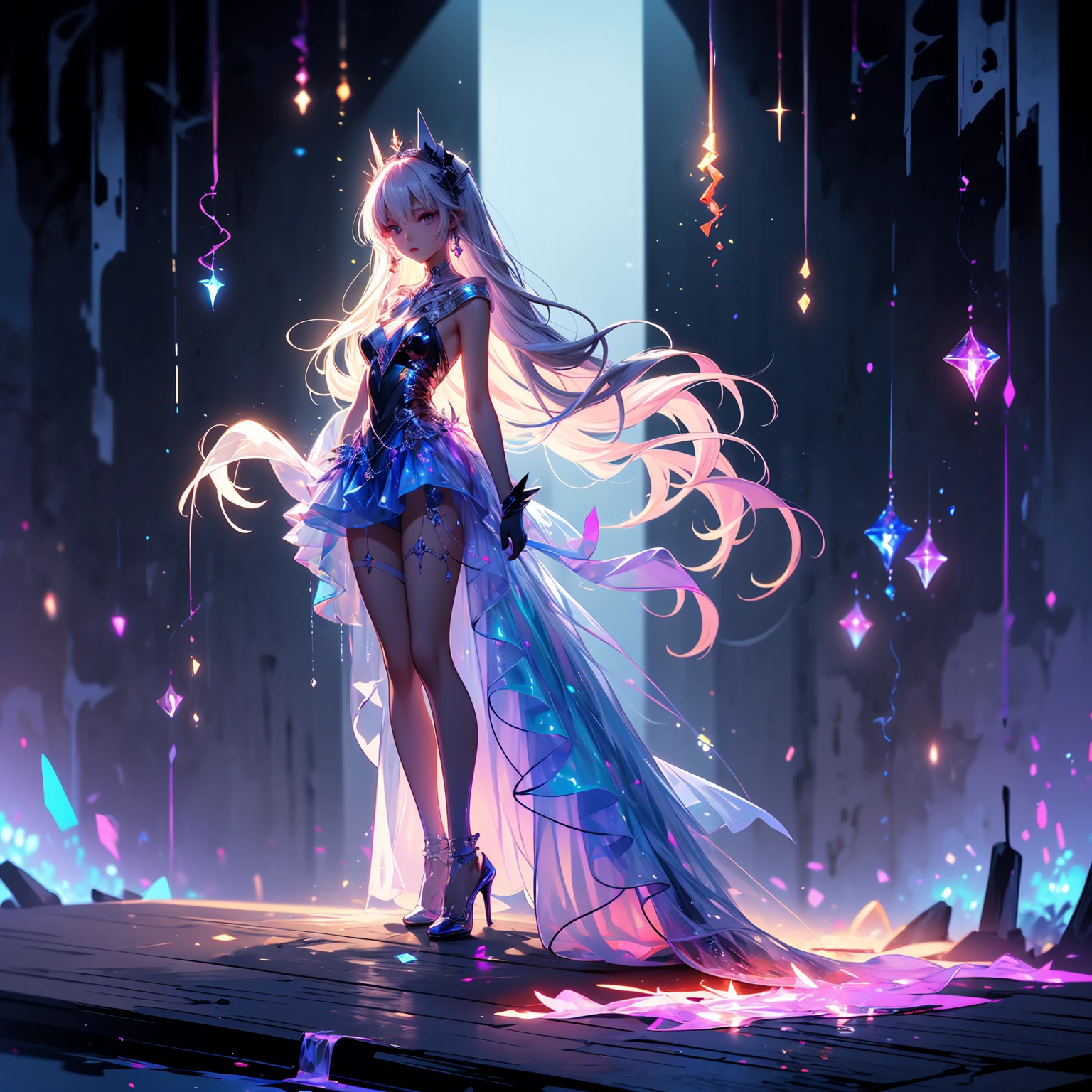 ((full body shot)) of a girl in a dark hooded cloak and a mage hat, standing in a completely dark environment. She is holding a glowing orb of energy in her hands, which emits a soft, ethereal light. Surrounding her are numerous small lights in shades of {blue|purple}, casting a faint glow similar to candlelight. The only illumination comes from the orb and the particles around her. The atmosphere is {mysterious|otherworldly}, with a misty haze drifting around her feet. The ground beneath her is reflective, creating a mirrored effect that adds to the surreal ambiance. Subtle textures of ancient, worn stones and creeping vines can be seen in the background, hinting at a hidden, mystical place. The scene is quiet and enigmatic, with the girl's face partially obscured by the hood, her eyes focused intently on the luminous orb. She holds an intricately designed staff made of wood with metallic parts and embedded jewels.

[Best quality], [Masterpiece], [Ultra-detailed], [4k], {serene|intense} atmosphere, {mystical forest|ancient ruins}, {dynamic pose|relaxed pose}, complete darkness, {soft shadows|dramatic lighting}, {reflected light on the ground:0.7}, {misty haze:0.6}, {glowing plants:0.5}, {creeping vines:0.4}, {ancient stones:0.3}.

