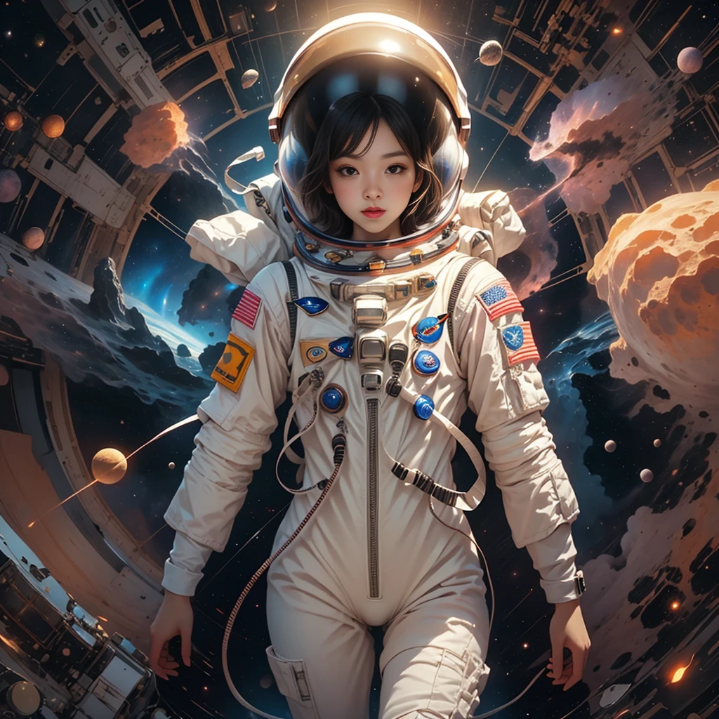 (An astronaut in a spacesuit floats in the center of the screen in front of a nebula:1.６)、A stunning detailed illustration of the Orion Nebula、Surreal、8K、High resolution、masterpiece、Cinematic lighting、Dramatic atmosphere、Glowing celestial bodies、Bright colors、Deep Universe、Nebula Cloud、Space Landscape、Awe-inspiring、Fascinating、Photorealistic、Intricate details、Stunning beauty、Breathtaking、Ultra-detailed、wearing sexy astrosuit with helmet