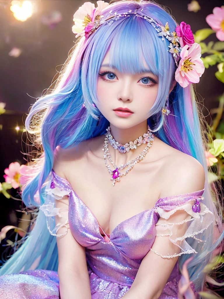 4K Ultra HD, masterpiece,Elegant and dynamic portrait，Stunningly beautiful girl, Small breasts, Long Hair, girl, Nice face, Fine grain, Detailed lips, Flower fairy girl, , Neon Light, Galaxy Background,Floral Dress, Magenta Dress, In heaven, Sitting on a unicorn, Beautiful and clear eyes, Delicate necklace, Delicate earrings (Hair decorated with delicate flower arrangements, crystal jewelry string), (View your viewers)