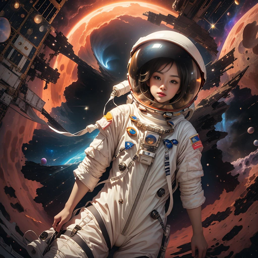 (An astronaut in a spacesuit floats in the center of the screen in front of a nebula:1.8)、A stunning detailed illustration of the Orion Nebula、Surreal、8K、High resolution、masterpiece、Cinematic lighting、Dramatic atmosphere、Glowing celestial bodies、Bright colors、Deep Universe、Nebula Cloud、Space Landscape、Awe-inspiring、Fascinating、Photorealistic、Intricate details、Stunning beauty、Breathtaking、Ultra-detailed、wearing sexy astrosuit with helmet