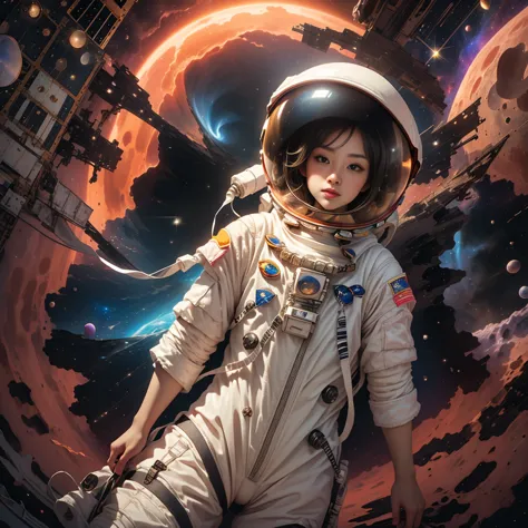 (An astronaut in a spacesuit floats in the center of the screen in front of a nebula:1.8)、A stunning detailed illustration of th...