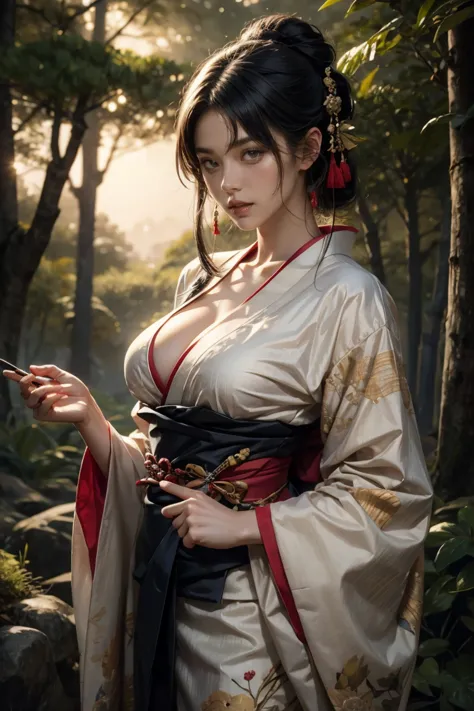 seductive and mysterious girl with long black hair, big breasts:1.0, slanderous body, dress in traditional japan costumes, stand...