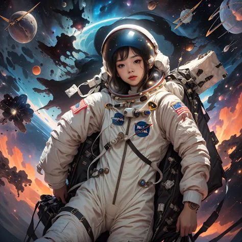 (An astronaut in a spacesuit floats in the center of the screen in front of a nebula:1.8５)、A stunning detailed illustration of t...