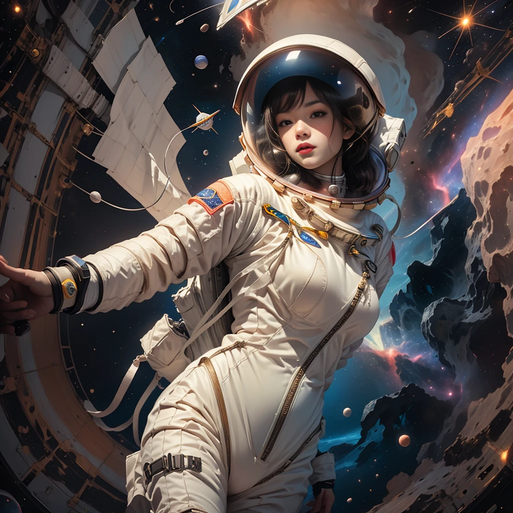 (An astronaut in a spacesuit floats in the center of the screen in front of a nebula:1.8５)、A stunning detailed illustration of the Orion Nebula、Surreal、8K、High resolution、masterpiece、Cinematic lighting、Dramatic atmosphere、Glowing celestial bodies、Bright colors、Deep Universe、Nebula Cloud、Space Landscape、Awe-inspiring、Fascinating、Photorealistic、Intricate details、Stunning beauty、Breathtaking、Ultra-detailed、wearing sexy astrosuit with helmet