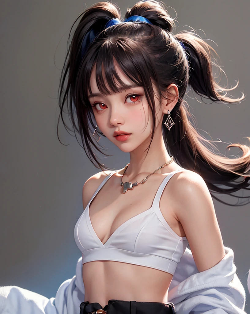 (masterpiece, best quality, 1 girl, alone, intricate details, chromatic aberration), (reality), (skin), 1 girl Shizuku High Ponytail, ((middle breath)), (brunet, blunt bangs), detailed hair, Redhead Jewelry, Blue highlighting, One or more hairs eyes, red eyes, small earrings, piercer, necklace, ((Black crop top cutout)), sex, (symmetrical eyes), (perfectly symmetrical body), night, ((natural light))), backlighting, Against a gray wall, glimmering, standing, (looking at viewer), ((center shot, from the front, (Face and waist) Pronounced bust line deep V sexy