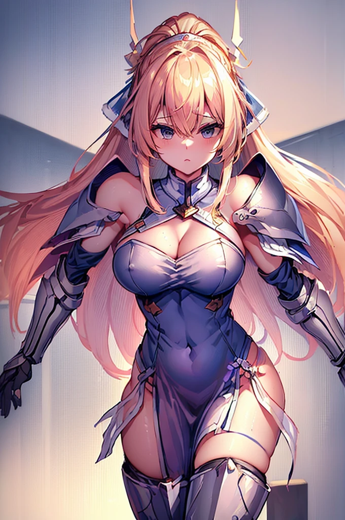 (((Pelvic Curtain)))、((masterpiece、Highest quality、8K、whole body、Are standing))、One beautiful woman、female knight、Pink and gold armor、ponytail、Large Breasts、Cleavage、Muscular、Thick arms、Thighs、Shin pads、Shoulder rest、pocket