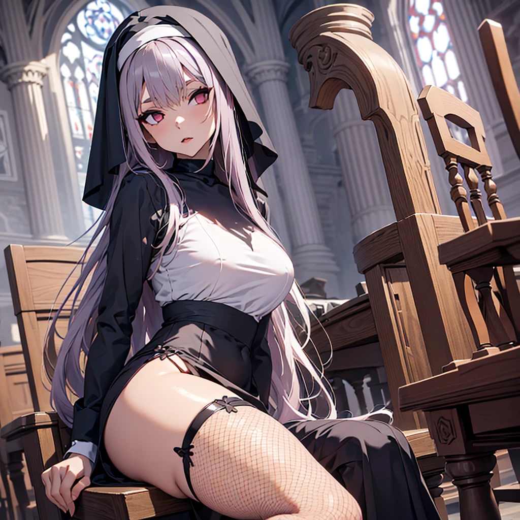 Female, ((dark mauve long hair)), traditional nun habit, slim, vampire, fishnet stockings, light red eyes, religion, solo