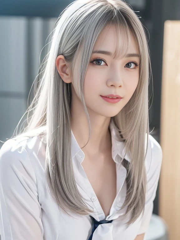 top-quality、8K Masterpiece、超A high resolution、(Photorealsitic:1.3)、Raw photo、女の子1人、silver white hair、glowy skin、((super realistic details))、portlate、globalillumination、Shadow、octan render、8K、ultrasharp、beauty breast、cold color、、highly intricate detail、Realistic light、CGSoation Trends、Beautiful eyes、radiant eyes、Facing the camera、neon details、white  shirt, JINS, neck tie, ssmile