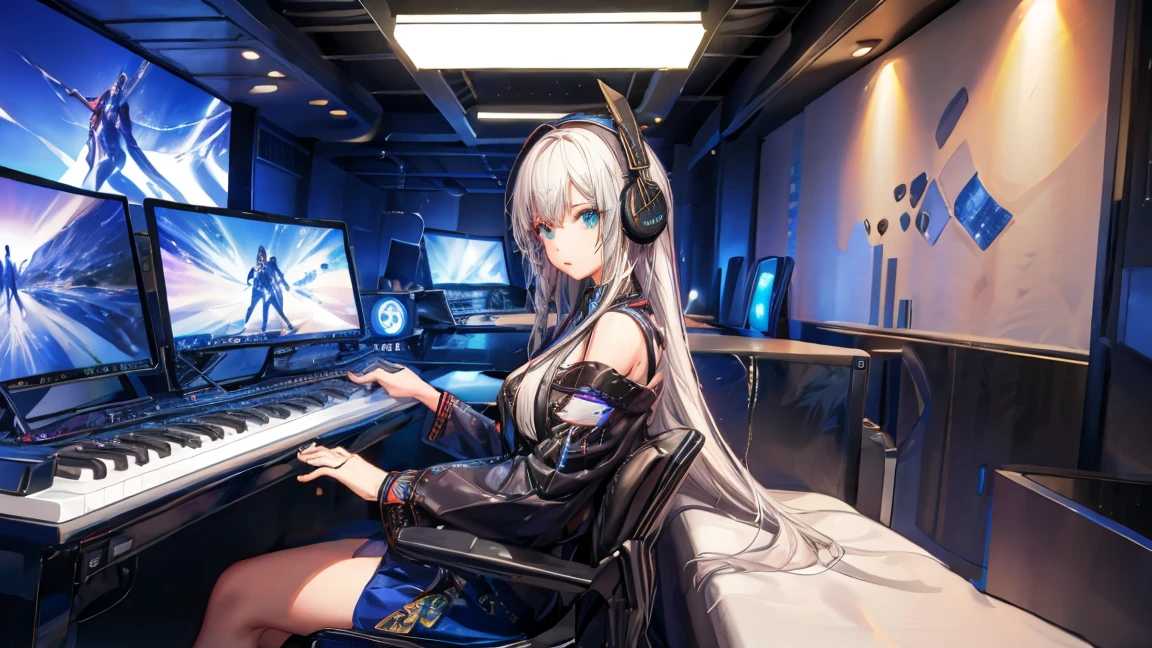 high resolution,High definition,high quality,Girl playing games,gaming computer,Erogeo Art Style, Arte Roffie, zero vibrations, Hip Hop Lofi,aesthetic, Lo-fi art, Lo-fi illustration style, zero, Portrait of Roffey, vibe zero, zero, Chill Hop, Anime Aesthetics,japanese style,large window,girl wearing headphones,sunset