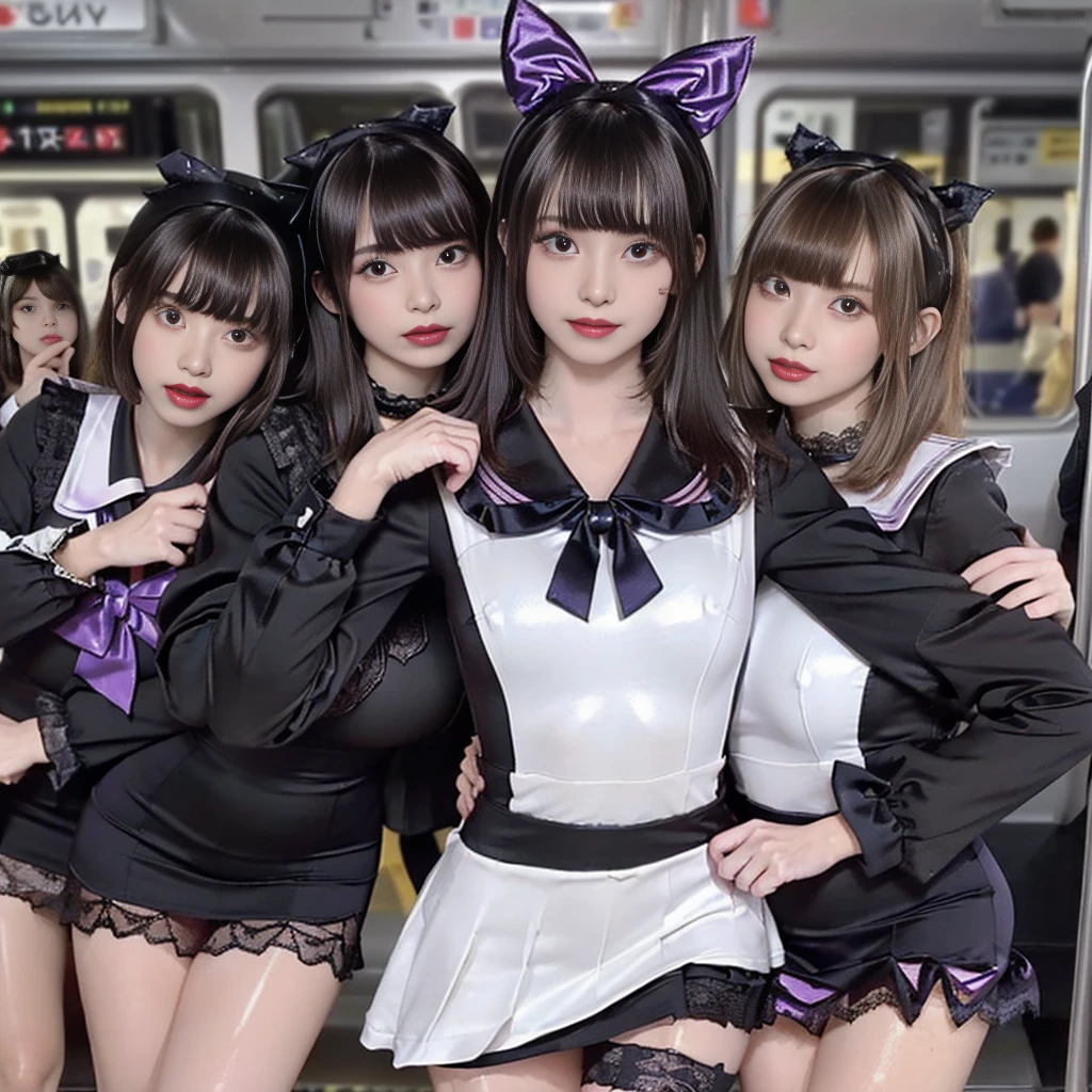 8K resolution, surreal, Super detailed, high quality, perfect anatomy, perfect proportion, masterpiece, 
((((((A group photo in crowded train at night, 3 girls, group photo)))))), 
(((((purple, black face mask, jirai fashion, sailor collar, gothic dress, Lace, micro mini skirt, bow ribbon))))), 
((((happy, grin, detailed face)))), 
((((bleached hair)))), (((impossible breasts))),  
(((shiny oiled skin, detailed skin))), 
(((tight clothes, bare legs))), looking at viewer