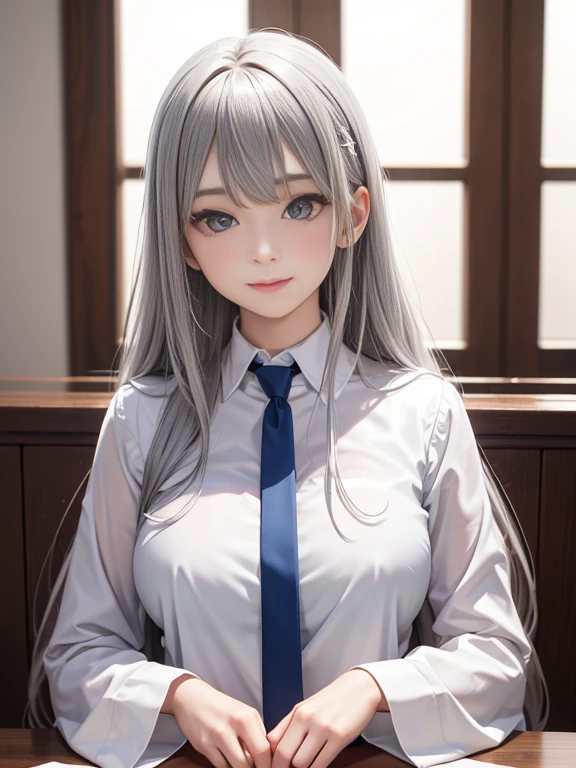 top-quality、8K Masterpiece、超A high resolution、(Photorealsitic:1.3)、Raw photo、女の子1人、silver white hair、glowy skin、((super realistic details))、portlate、globalillumination、Shadow、octan render、8K、ultrasharp、beauty breast、cold color、、highly intricate detail、Realistic light、CGSoation Trends、Beautiful eyes、radiant eyes、Facing the camera、neon details、white  shirt, JINS, neck tie, ssmile