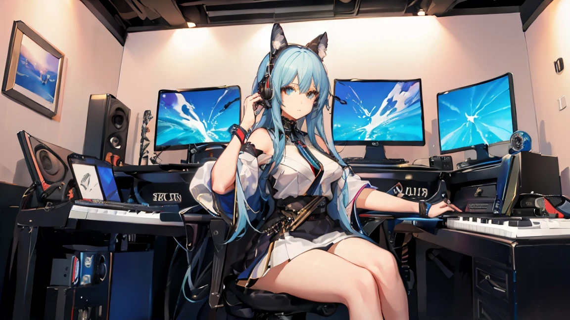 high resolution,High definition,high quality,Girl playing games,gaming computer,Erogeo Art Style, Arte Roffie, zero vibrations, Hip Hop Lofi,aesthetic, Lo-fi art, Lo-fi illustration style, zero, Portrait of Roffey, vibe zero, zero, Chill Hop, Anime Aesthetics,japanese style,large window,girl wearing headphones,sunset