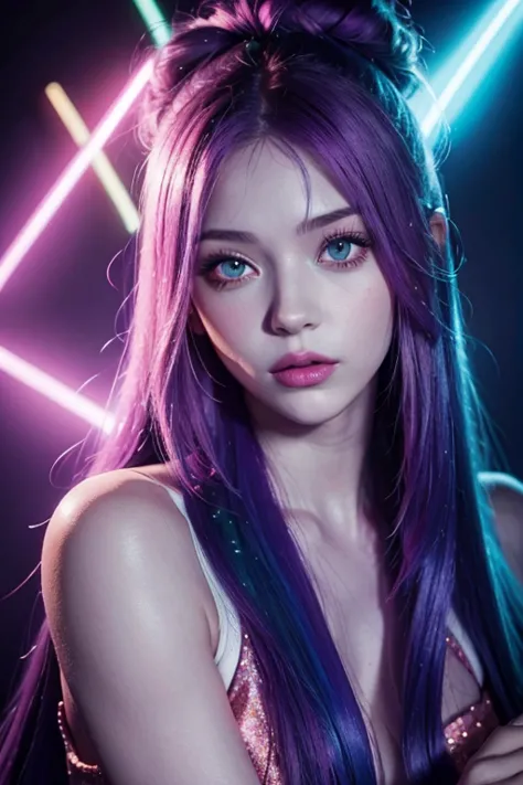 young woman, with long purple hair with blue and green tints, pink eyes, look at the viewer, blue skin, Pink, and yellow glitter...