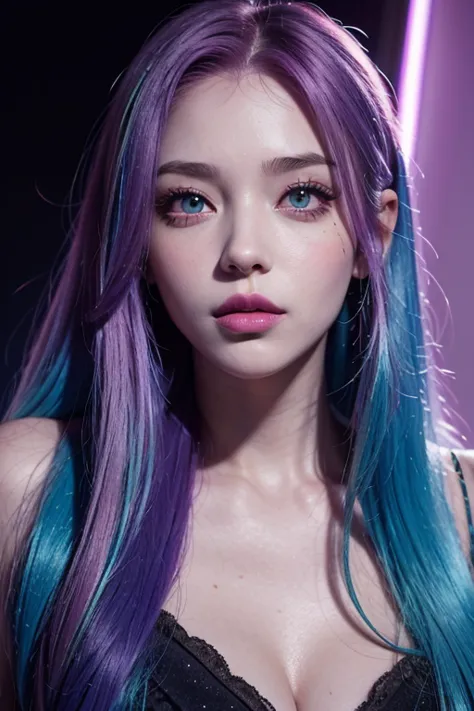 young woman, with long purple hair with blue and green tints, pink eyes, look at the viewer, blue skin, Pink, and yellow glitter...