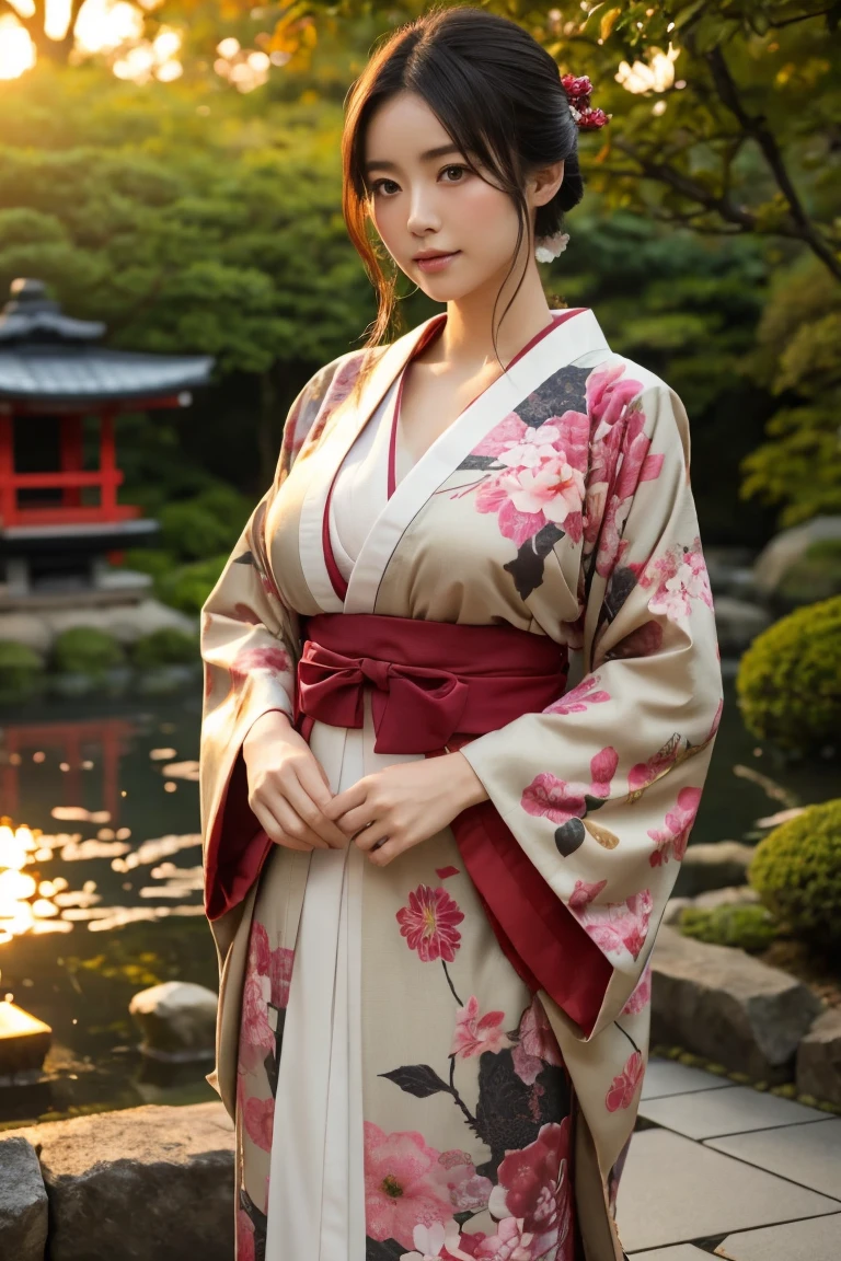 de pie en un jardín japonés、Mujer hermosa、pechos muy grandes、(Ver a tus espectadores)、naturaleza、Quimono negro、ropa japonesa、detalles de la piel、Genuino、tenue iluminación、misterioso、atardecer
