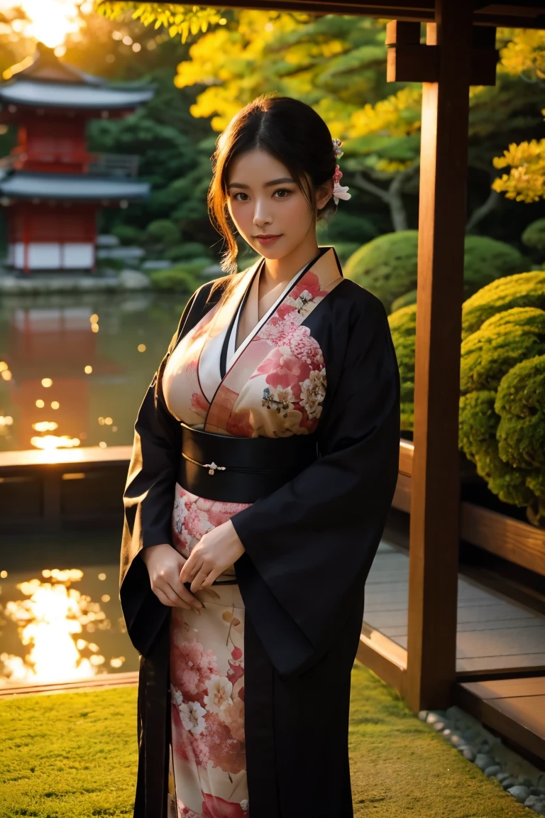 Stehend in einem japanischen Garten、schöne Frau、sehr große Brüste、(Betrachten Sie Ihre Zuschauer)、Natur、schwarzer Kimono、Japanische Kleidung、Hautdetails、Echt、Licht dimmen、geheimnisvoll、Sonnenuntergang