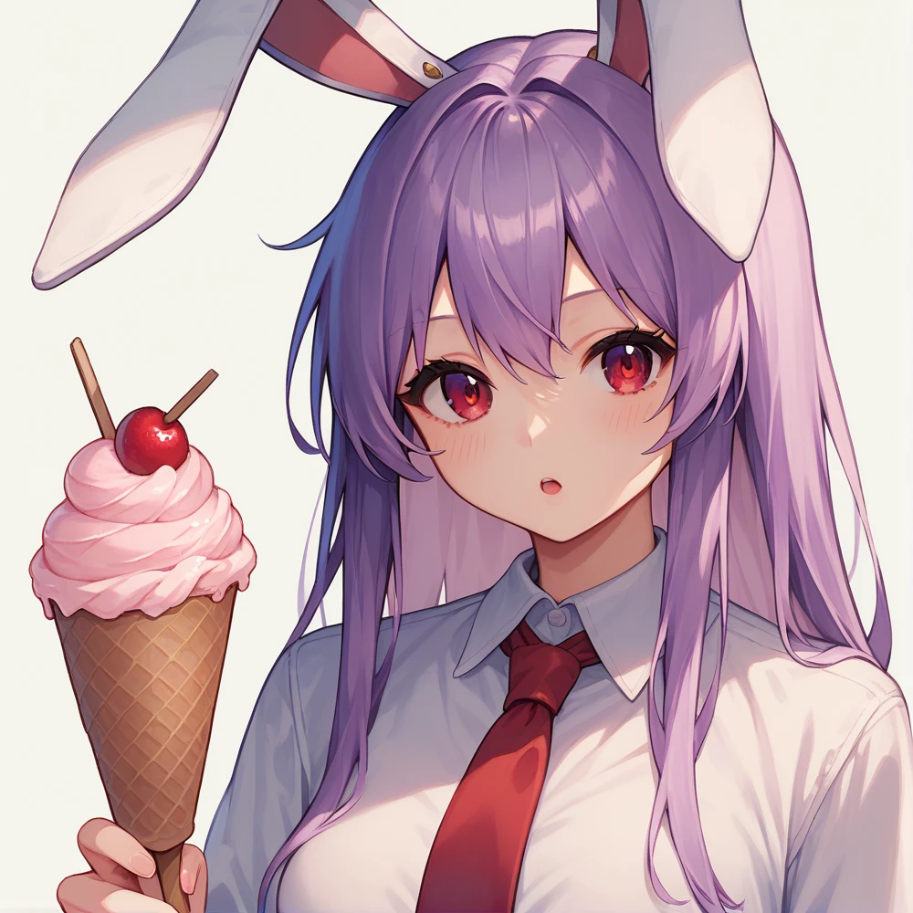 1 girl reisen udongein inaba, purple hair, red eyes, rabbit ears, rabbit girl, long hair, white shirt, red necktie, soft serve ice cream