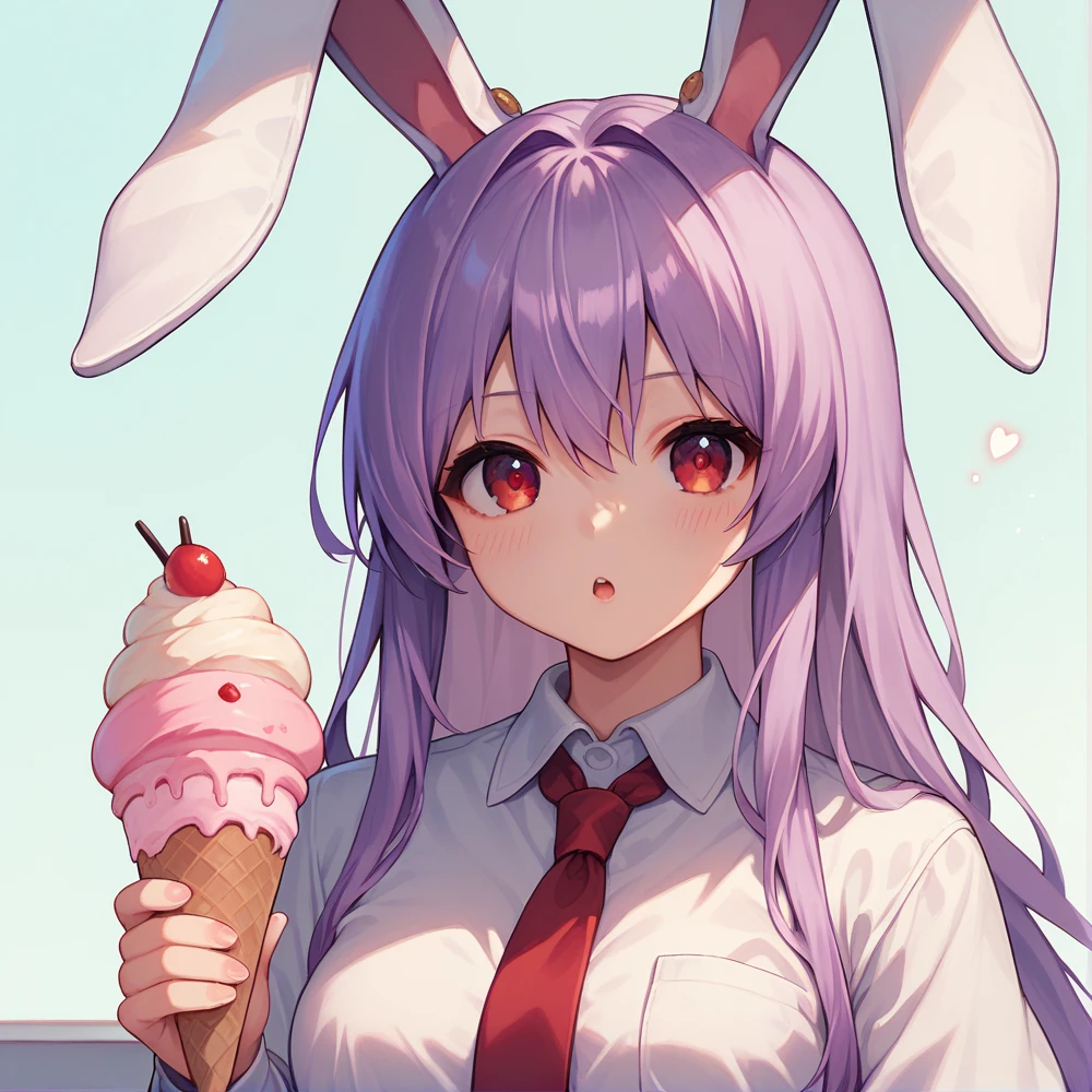 1 girl reisen udongein inaba, purple hair, red eyes, rabbit ears, rabbit girl, long hair, white shirt, red necktie, soft serve ice cream