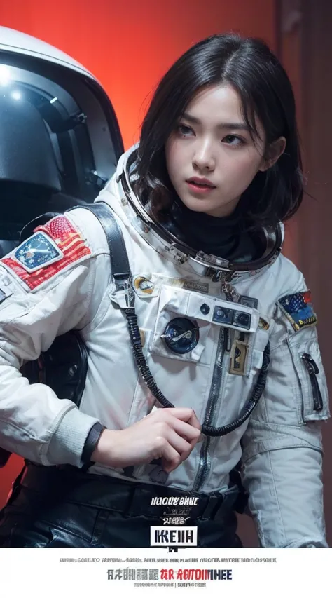 ((((dramatic))), (((Roughness))), (((intense))) The movie poster shows a young woman((astronaut))is the central figure。(She stan...